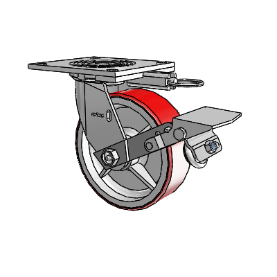 Roulette pivotante de la série 4 avec plaque supérieure de 2 pouces de large, équipée d'une roue Moldon en polyuréthane (noyau en fonte) de 6 x 2 et d'un frein à blocage de la bande de roulement