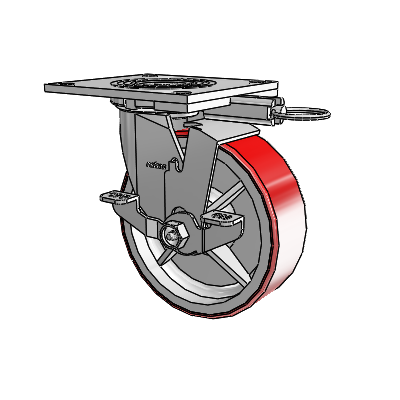 Roulette pivotante de la série 4 avec plaque supérieure de 2 pouces de large, équipée d'une roue Moldon en polyuréthane (noyau en fonte) de 6 x 2 et d'un frein de blocage supérieur