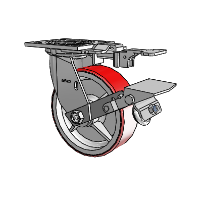 Roulette pivotante de la série 4 avec plaque supérieure de 2 pouces de large, équipée d'une roue Moldon en polyuréthane (noyau en fonte) de 6 x 2 et d'un frein à blocage de la bande de roulement