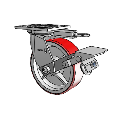 4 Series 2 Inch Wide Top Plate Swivel Caster with 6 x 2 Moldon Polyurethane (Cast Iron Core) Wheel and Tread Lock Brake