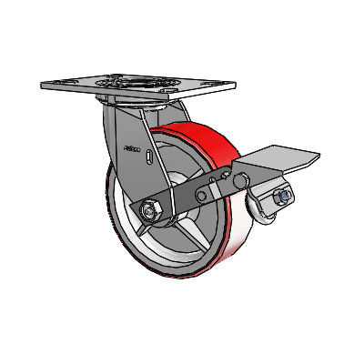 4 Series 2 Inch Wide Top Plate Swivel Caster with 6 x 2 Moldon Polyurethane (Cast Iron Core) Wheel and Tread Lock Brake