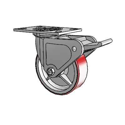 Roulette pivotante de la série 4 avec plaque supérieure de 2 pouces de large, équipée d'une roue Moldon en polyuréthane (noyau en fonte) de 6 x 2 et d'un frein Tech Lock