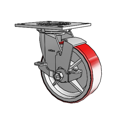 Roulette pivotante de la série 4 avec plaque supérieure de 2 pouces de large, équipée d'une roue Moldon en polyuréthane (noyau en fonte) de 6 x 2 et d'un frein de blocage supérieur