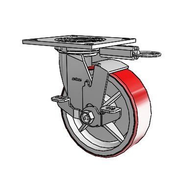 Roulette pivotante de la série 4 avec plaque supérieure de 2 pouces de large, équipée d'une roue Moldon en polyuréthane (noyau en fonte) de 6 x 2 et d'un frein de blocage supérieur