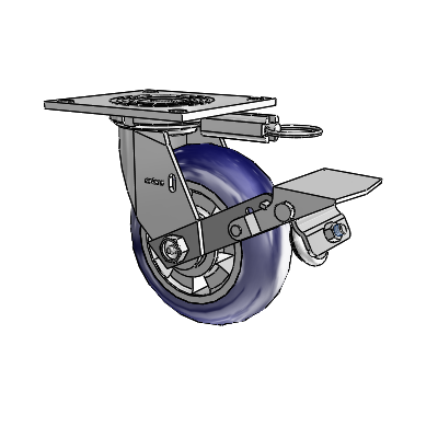 Roulette pivotante de la série 4 avec plaque supérieure de 2 pouces de large, équipée d'une roue Triumph 6 x 2 (ronde/bleue) et d'un frein à blocage de la bande de roulement