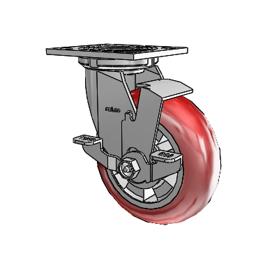 4 Series 2 Inch Wide Top Plate Swivel Caster with 6 x 2 Triumph (Round/Red) Wheel and Top Lock Brake