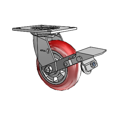 Roulette pivotante de la série 4 avec plaque supérieure de 2 pouces de large, équipée d'une roue Triumph 6 x 2 (ronde/rouge) et d'un frein à blocage de la bande de roulement