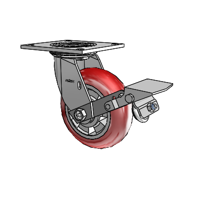 Roulette pivotante de la série 4 avec plaque supérieure de 2 pouces de large, équipée d'une roue Triumph 6 x 2 (ronde/rouge) et d'un frein à blocage de la bande de roulement