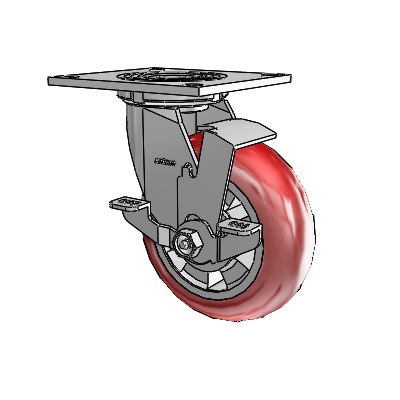 Roulette pivotante de la série 4 avec plaque supérieure de 2 pouces de large, équipée d'une roue Triumph 6 x 2 (ronde/rouge) et d'un frein à blocage par le haut