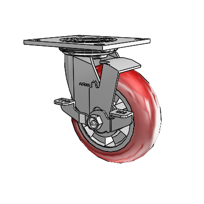 Roulette pivotante de la série 4 avec plaque supérieure de 2 pouces de large, équipée d'une roue Triumph 6 x 2 (ronde/rouge) et d'un frein à blocage par le haut