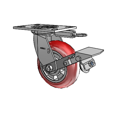 Roulette pivotante de la série 4 avec plaque supérieure de 2 pouces de large, équipée d'une roue Triumph 6 x 2 (ronde/rouge) et d'un frein à blocage de la bande de roulement