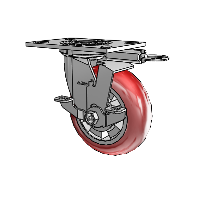 Roulette pivotante de la série 4 avec plaque supérieure de 2 pouces de large, équipée d'une roue Triumph 6 x 2 (ronde/rouge) et d'un frein à blocage par le haut