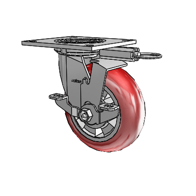 Roulette pivotante de la série 4 avec plaque supérieure de 2 pouces de large, équipée d'une roue Triumph 6 x 2 (ronde/rouge) et d'un frein à blocage par le haut