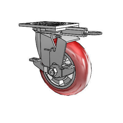 4 Series 2 Inch Wide Top Plate Swivel Caster with 6 x 2 Triumph (Round/Red) Wheel and Top Lock Brake
