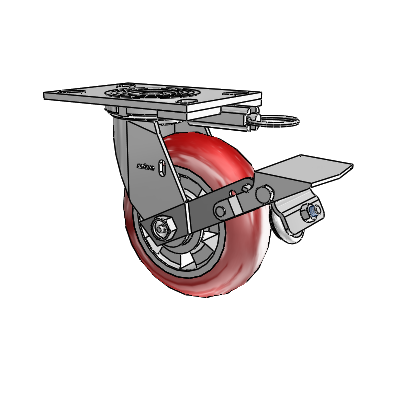 Roulette pivotante de la série 4 avec plaque supérieure de 2 pouces de large, équipée d'une roue Triumph 6 x 2 (ronde/rouge) et d'un frein à blocage de la bande de roulement
