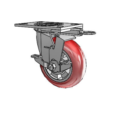 Roulette pivotante de la série 4 avec plaque supérieure de 2 pouces de large, équipée d'une roue Triumph 6 x 2 (ronde/rouge) et d'un frein à blocage par le haut