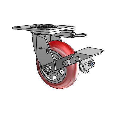 Roulette pivotante de la série 4 avec plaque supérieure de 2 pouces de large, équipée d'une roue Triumph 6 x 2 (ronde/rouge) et d'un frein à blocage de la bande de roulement