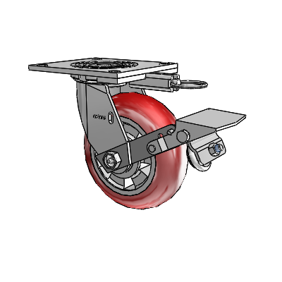 Roulette pivotante de la série 4 avec plaque supérieure de 2 pouces de large, équipée d'une roue Triumph 6 x 2 (ronde/rouge) et d'un frein à blocage de la bande de roulement