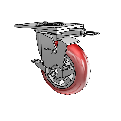 Roulette pivotante de la série 4 avec plaque supérieure de 2 pouces de large, équipée d'une roue Triumph 6 x 2 (ronde/rouge) et d'un frein à blocage par le haut
