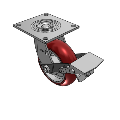 Roulette pivotante de la série 4 avec plaque supérieure de 2 pouces de large, équipée d'une roue marron « CG Max » de 6 x 2 et d'un frein à blocage de la bande de roulement