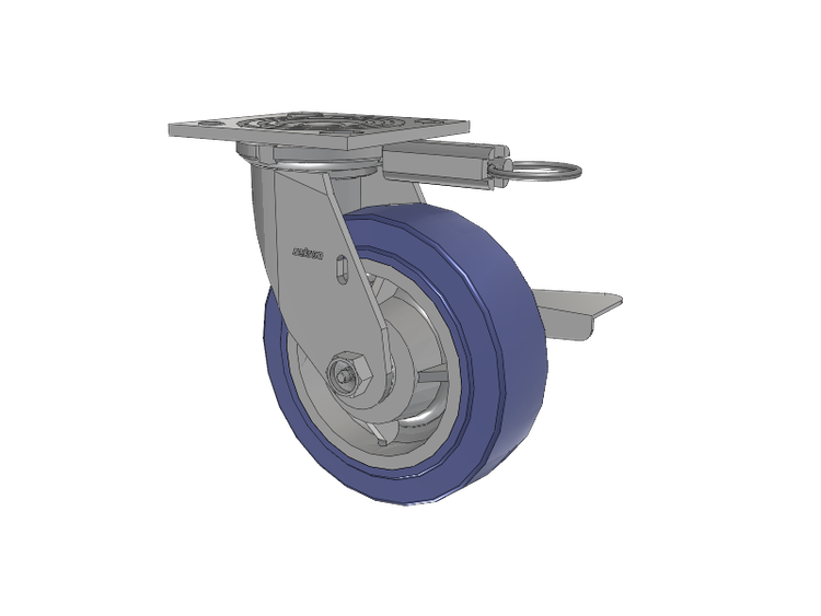 Roulette pivotante de la série 4 avec plaque supérieure de 2 pouces de large, équipée d'une roue HydroTech (plate) de 6 x 2 et d'un frein à blocage latéral
