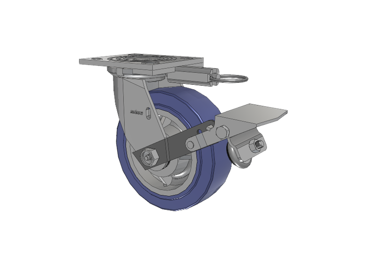 Roulette pivotante de la série 4, avec plaque supérieure de 2 pouces de large, équipée d'une roue HydroTech (plate) de 6 x 2 et d'un frein à blocage de la bande de roulement