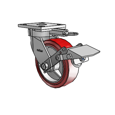 Roulettes sans pivot de la série 4 : roulette pivotante à plaque supérieure, équipée d'une roue en polyuréthane HI-TECH de 6 x 2 et d'un frein Tread Lock