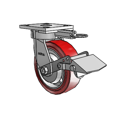 Roulettes sans pivot de la série 4 : roulette pivotante à plaque supérieure, équipée d'une roue en polyuréthane HI-TECH de 6 x 2 et d'un frein Tread Lock