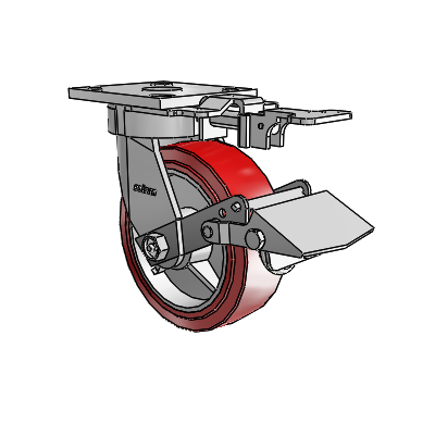 Roulettes sans pivot de la série 4 : roulette pivotante à plaque supérieure, équipée d'une roue en polyuréthane HI-TECH de 6 x 2 et d'un frein Tread Lock