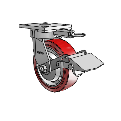 Roulettes sans pivot de la série 4 : roulette pivotante à plaque supérieure, équipée d'une roue en polyuréthane HI-TECH de 6 x 2 et d'un frein Tread Lock