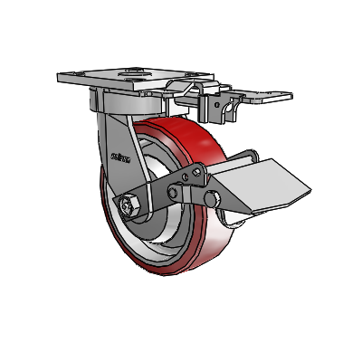 Roulettes sans pivot de la série 4 : roulette pivotante à plaque supérieure équipée d'une roue en polyuréthane Moldon 6 x 2 (noyau en aluminium) et d'un frein Tread Lock