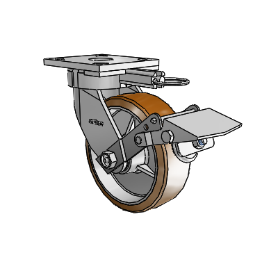 Roulettes sans pivot de la série 4 : roulette pivotante à plaque supérieure équipée d'une roue Moldon en nylon (noyau en aluminium) de 6 x 2 et d'un frein Tread Lock
