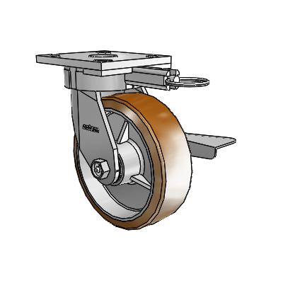Roulettes sans pivot de la série 4 : roulette pivotante à plaque supérieure équipée d'une roue Moldon en nylon (noyau en aluminium) de 6 x 2 et d'un frein à blocage latéral
