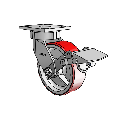 4 Series Kingpinless Casters Top Plate Swivel Caster with 6 x 2 Moldon Polyurethane (Cast Iron Core) wheel and Tread Lock Brake