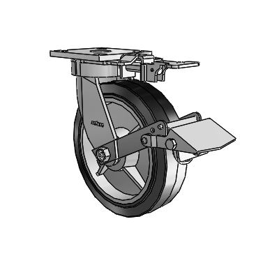 Roulettes sans pivot de la série 4 : roulette pivotante à plaque supérieure, équipée d'une roue en caoutchouc Performa 8 x 2 (plate/noire) et d'un frein Tread Lock
