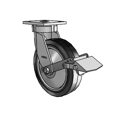 Roulettes sans pivot de la série 4 : roulette pivotante à plaque supérieure, équipée d'une roue en caoutchouc Performa 8 x 2 (plate/noire) et d'un frein Tread Lock