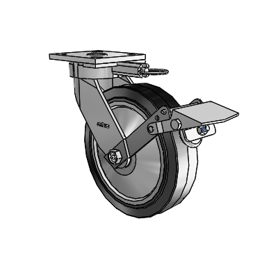 Roulettes sans pivot de la série 4 : roulette pivotante à plaque supérieure, équipée d'une roue en caoutchouc Performa 8 x 2 (plate/noire) et d'un frein Tread Lock