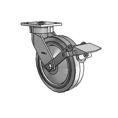 Roulettes sans pivot de la série 4 : roulette pivotante à plaque supérieure, équipée d'une roue en caoutchouc Performa 8 x 2 (plate/grise) et d'un frein Tread Lock