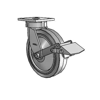 Roulettes sans pivot de la série 4 : roulette pivotante à plaque supérieure, équipée d'une roue en caoutchouc Performa 8 x 2 (plate/grise) et d'un frein Tread Lock