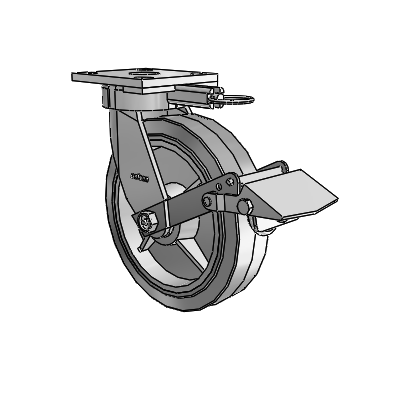 Roulettes sans pivot de la série 4 : roulette pivotante à plaque supérieure, équipée d'une roue en caoutchouc Performa 8 x 2 (plate/grise) et d'un frein Tread Lock