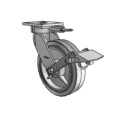 Roulettes sans pivot de la série 4 : roulette pivotante à plaque supérieure, équipée d'une roue en caoutchouc Performa 8 x 2 (plate/grise) et d'un frein Tread Lock