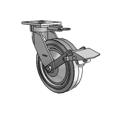 Roulettes sans pivot de la série 4 : roulette pivotante à plaque supérieure, équipée d'une roue en caoutchouc Performa 8 x 2 (plate/grise) et d'un frein Tread Lock