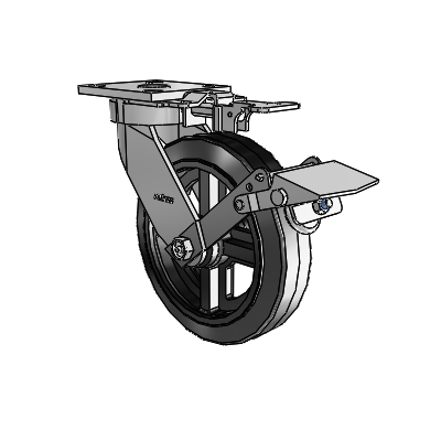 4 Series Kingpinless Casters Top Plate Swivel Caster with 8 x 2 MR - Moldon Rubber (Cast Iron Core) wheel and Tread Lock Brake