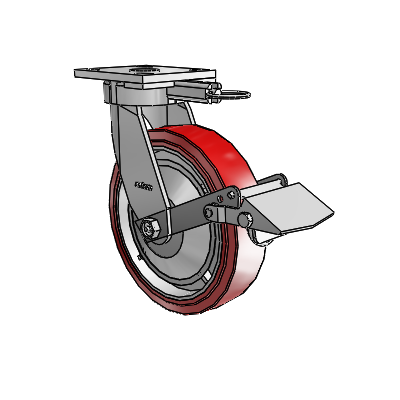 Roulettes sans pivot de la série 4 : roulette pivotante à plaque supérieure équipée d'une roue en polyuréthane HI-TECH de 8 x 2 et d'un frein Tread Lock
