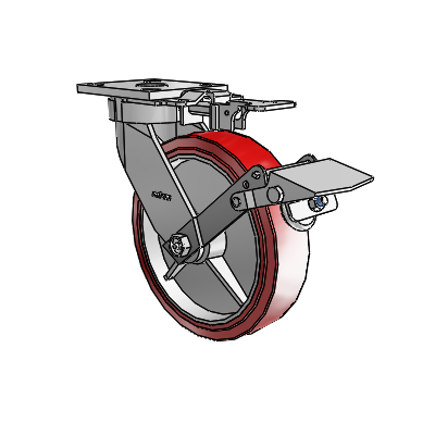 Roulettes sans pivot de la série 4 : roulette pivotante à plaque supérieure équipée d'une roue en polyuréthane HI-TECH de 8 x 2 et d'un frein Tread Lock