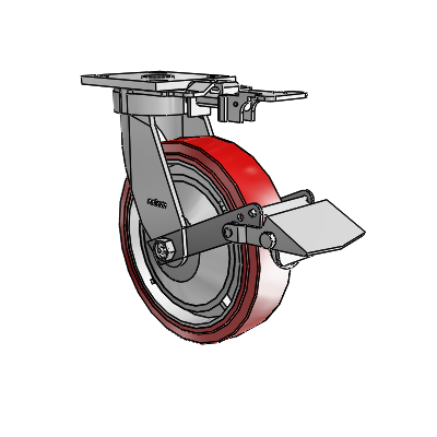 Roulettes sans pivot de la série 4 : roulette pivotante à plaque supérieure équipée d'une roue en polyuréthane HI-TECH de 8 x 2 et d'un frein Tread Lock