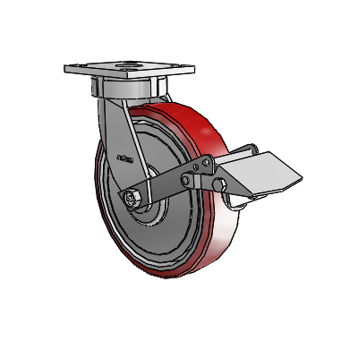 Roulettes sans pivot de la série 4 : roulette pivotante à plaque supérieure équipée d'une roue en polyuréthane Moldon 8 x 2 (noyau en aluminium) et d'un frein Tread Lock