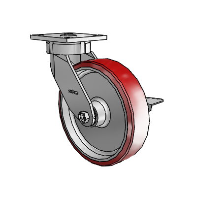 Roulettes sans pivot de la série 4 : roulette pivotante à plaque supérieure équipée d'une roue en polyuréthane Moldon 8 x 2 (noyau en aluminium) et d'un frein à blocage latéral