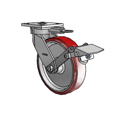 Roulettes sans pivot de la série 4 : roulette pivotante à plaque supérieure équipée d'une roue en polyuréthane Moldon 8 x 2 (noyau en aluminium) et d'un frein Tread Lock