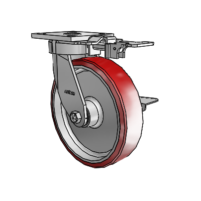 Roulettes sans pivot de la série 4 : roulette pivotante à plaque supérieure équipée d'une roue en polyuréthane Moldon 8 x 2 (noyau en aluminium) et d'un frein à blocage latéral
